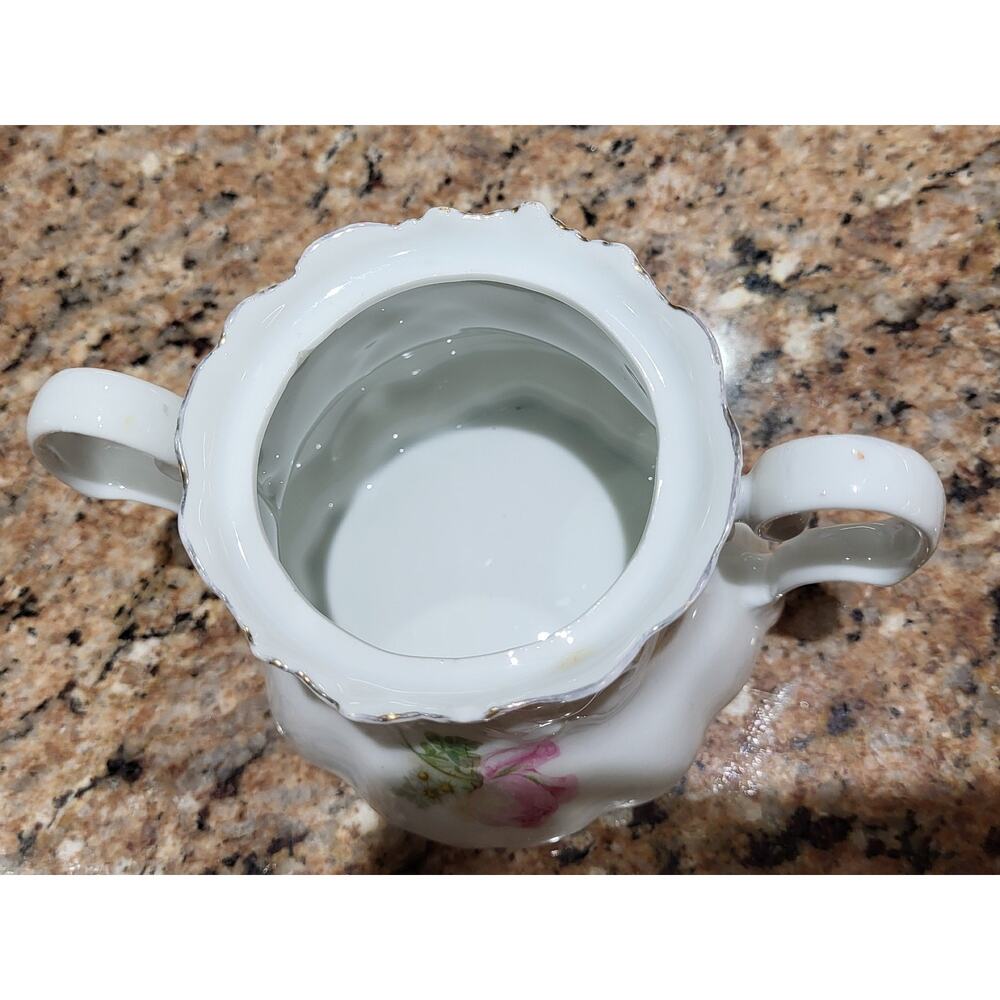 Antique Lehmann Leuchtenburg Germany Sugar Bowl Pink White Roses 2 handle - Picture 13 of 15